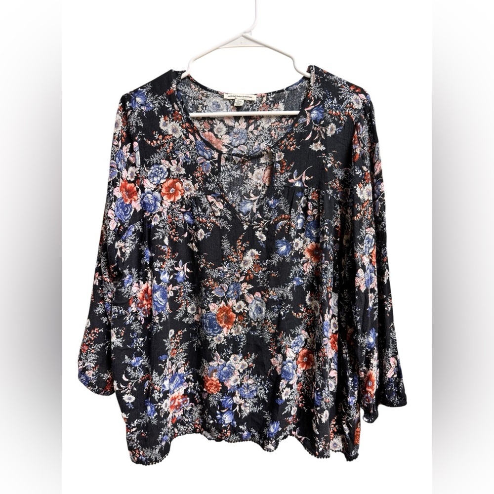 Blouse Size Large | Black Multicolor Boho Top | 100% Viscose